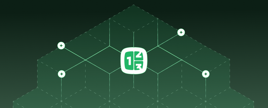 Green three-dimensional hexagonal grid with a central icon of Countly, and several circular plus symbols connected within the grid.