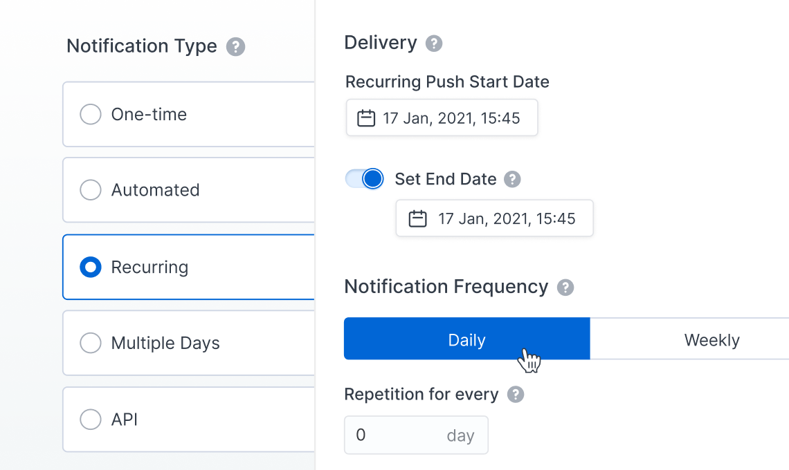 Notification settings interface showing options for notification type with recurring selected, delivery dates with start and end on January 17, 2021, 15:45, and notification frequency set to daily.