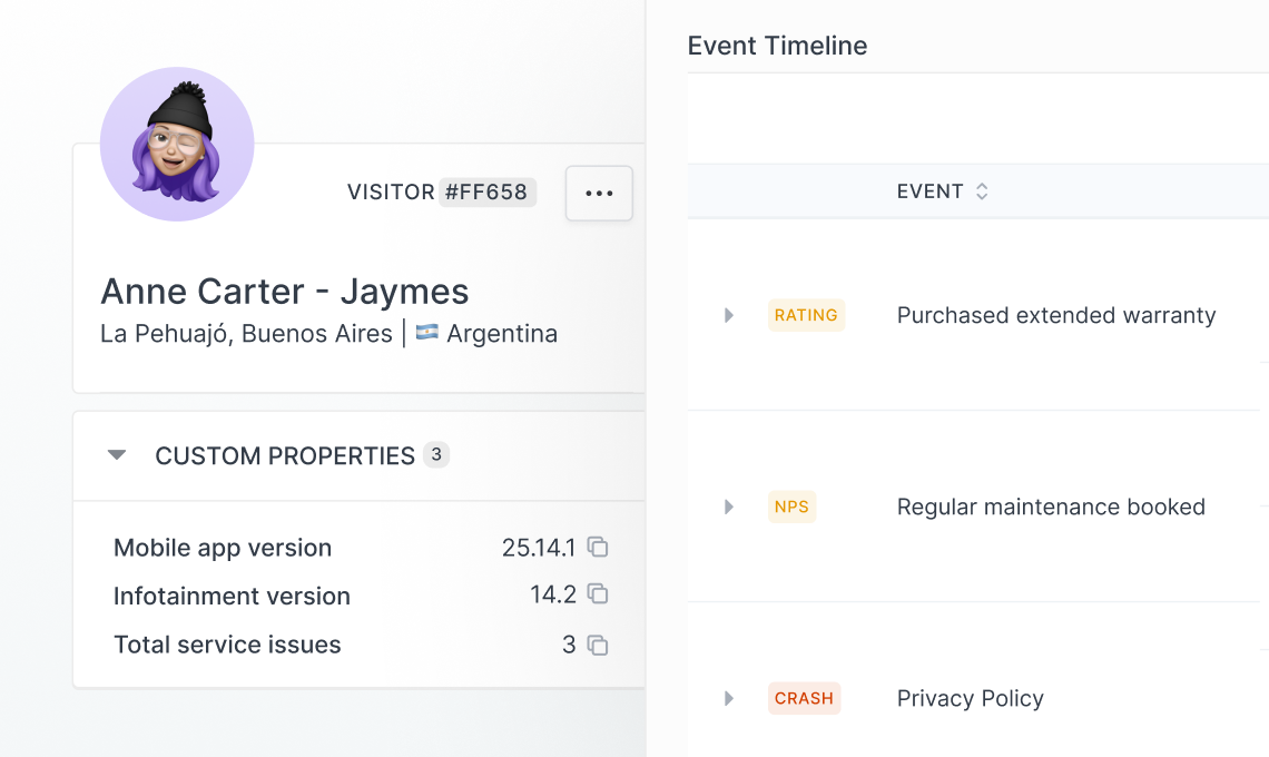 User profile of Anne Carter - Jaymes from La Pehuajó, Buenos Aires, Argentina, showing visitor ID #FF658, custom properties including mobile app version 25.14.1, infotainment version 14.2, and total service issues 3, alongside an event timeline with purchased extended warranty, regular maintenance booked, and privacy policy events.