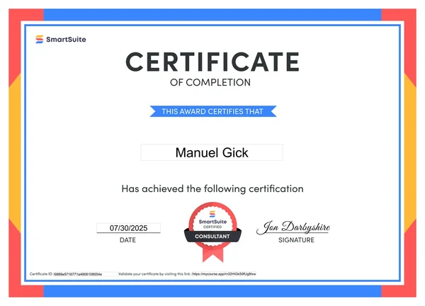 SmartSuite Consultant-Zertifikat für Manuel Gick