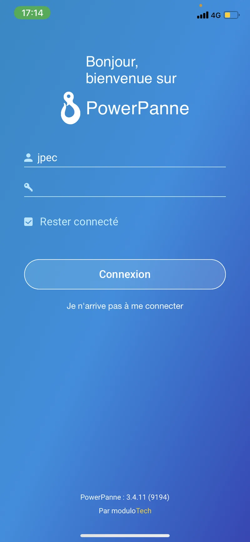 Écran de connexion de l'application mobile PowerPanne