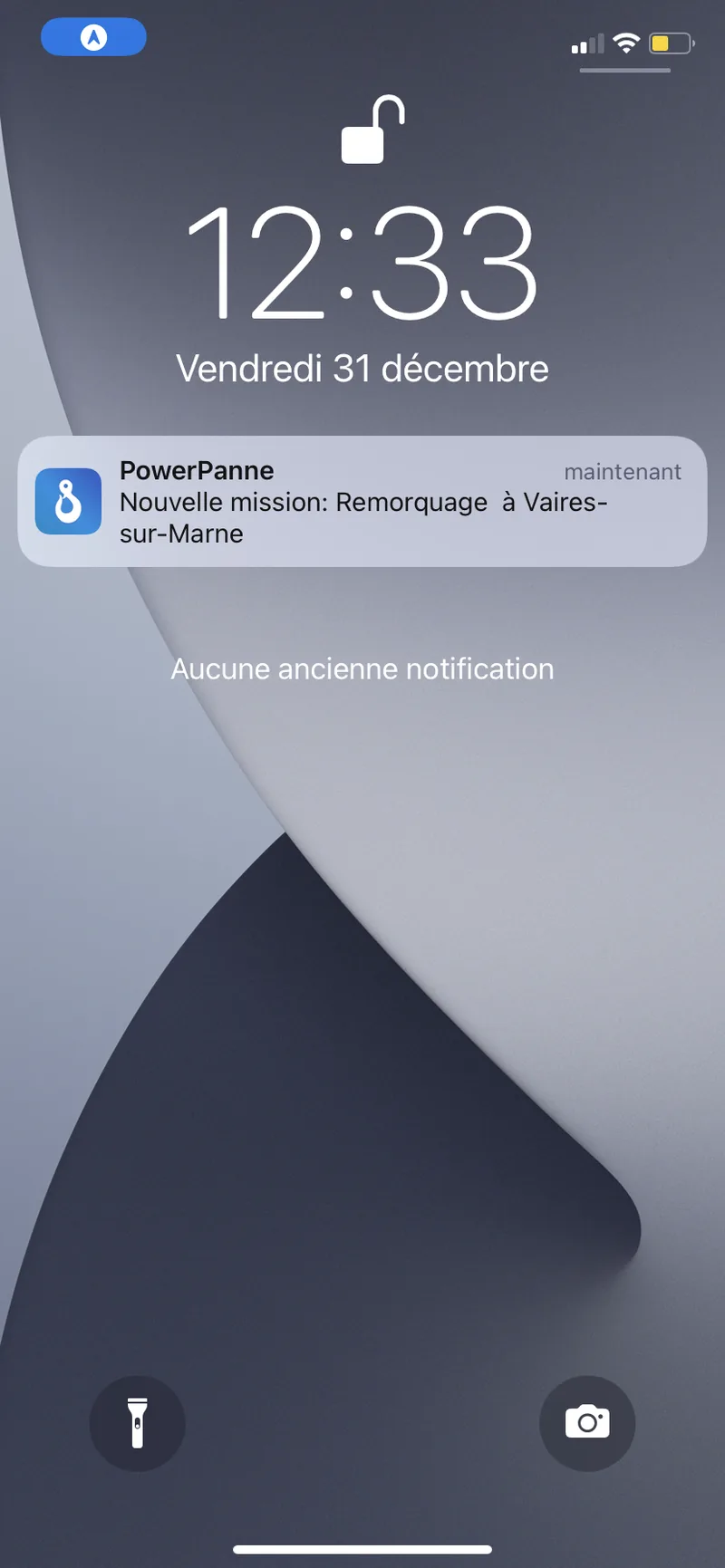 Notification PowerPanne sur iPhone : nouvelle mission de remorquage à Vaires-sur-Marne
