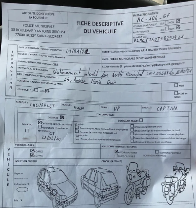 Fiche descriptive de véhicule remplie par la police municipale avant mise en fourrière