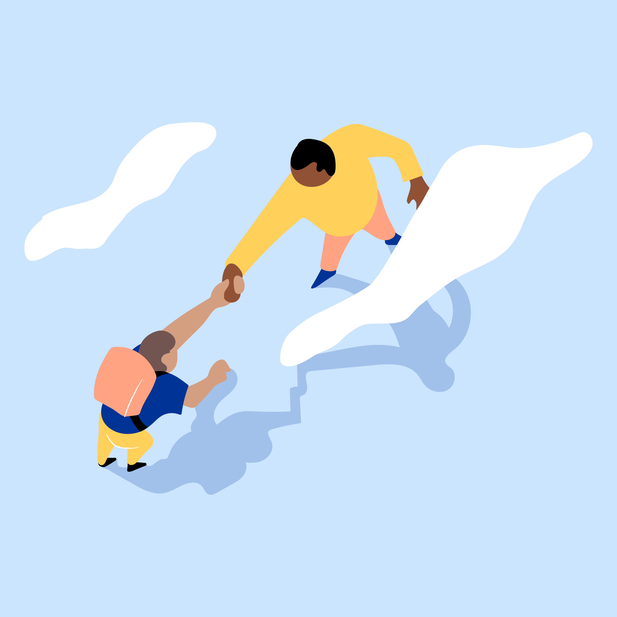 A brand illustration representing the theme of help moving forward, featuring a man offering an outstretched hand to help up another person, with clouds floating overhead.