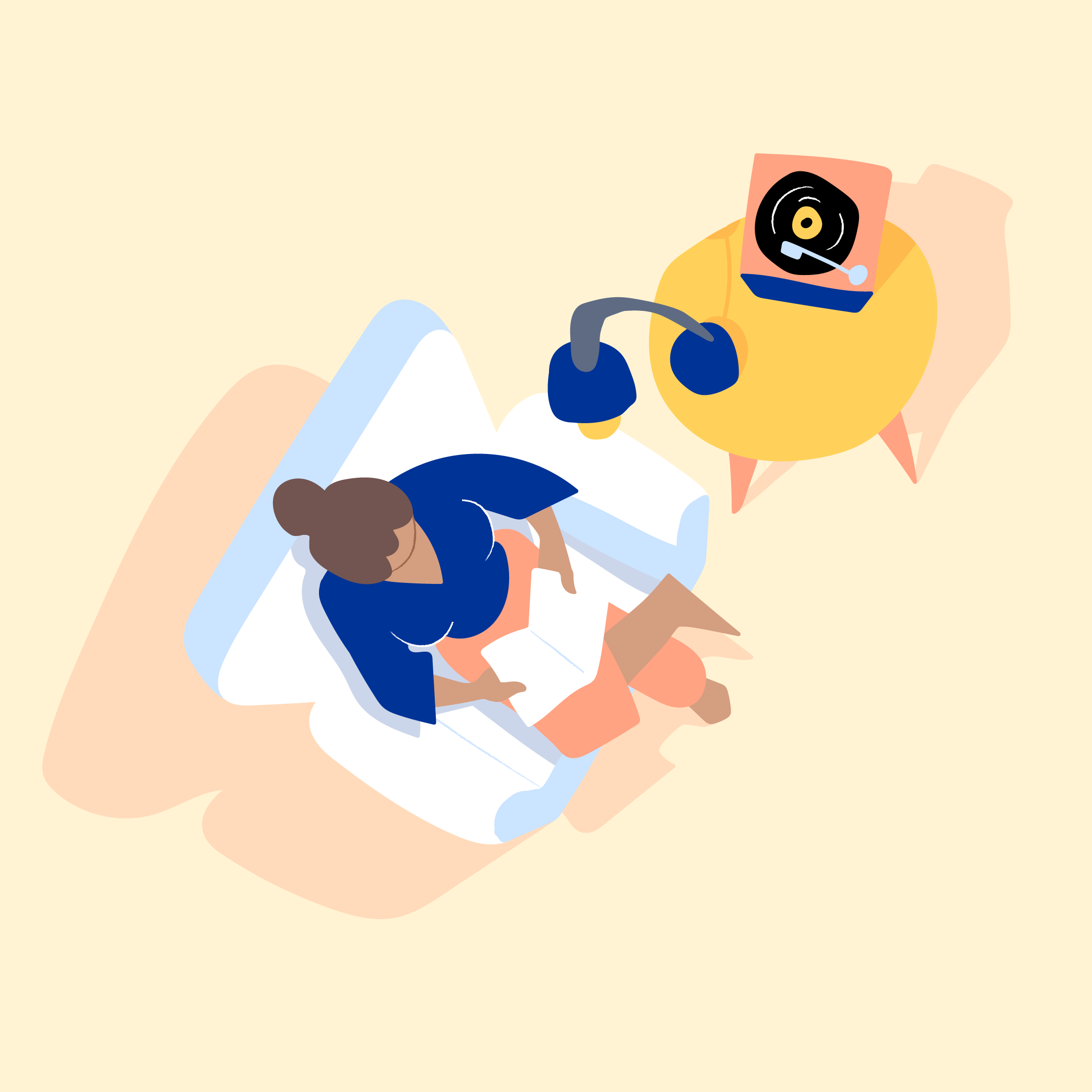 A brand illustration representing the theme of the home, featuring a woman sat in a lounge chair reading a book and listening to a vinyl record.