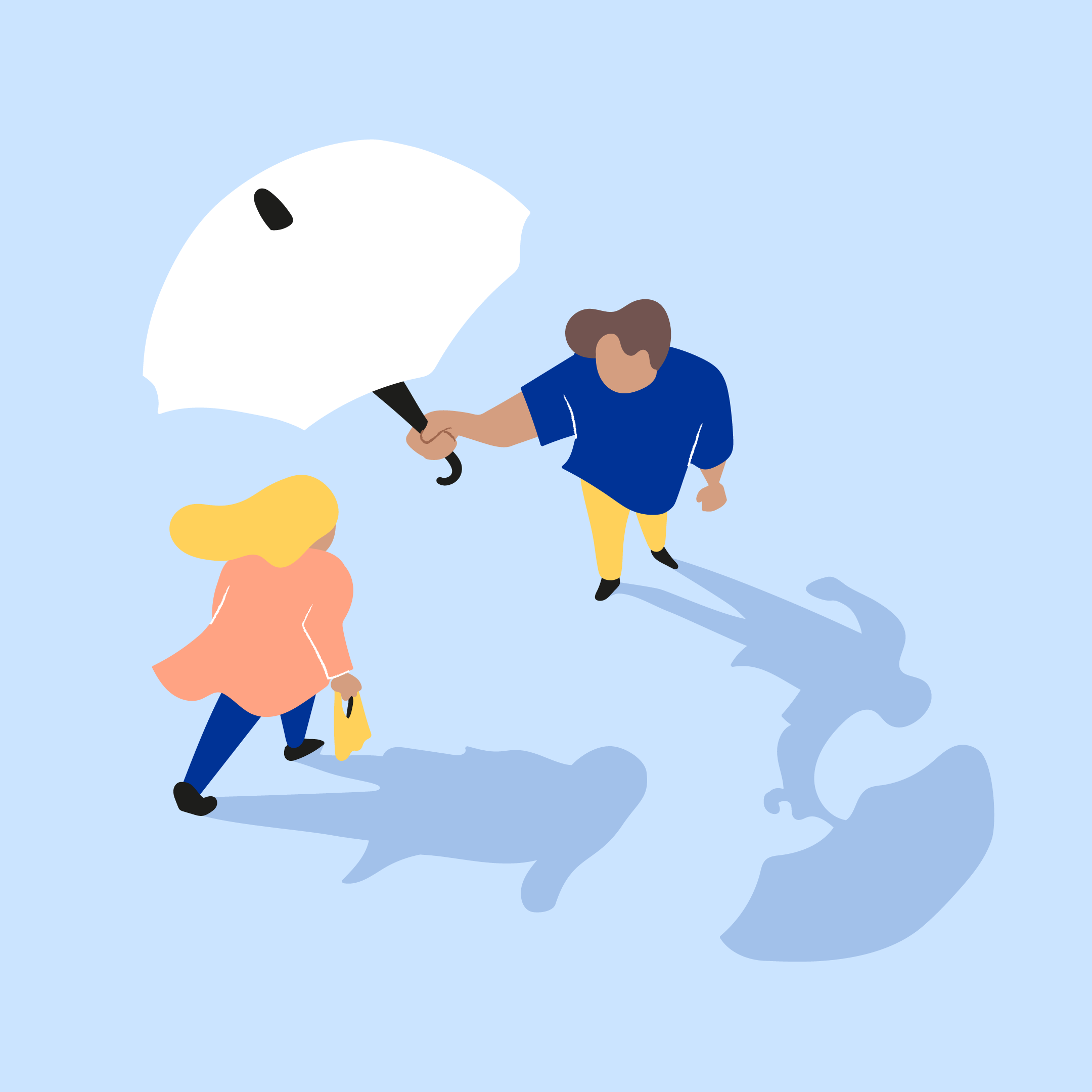 A brand illustration representing the theme of resolution, featuring a man offering an umbrella over the head of a woman.