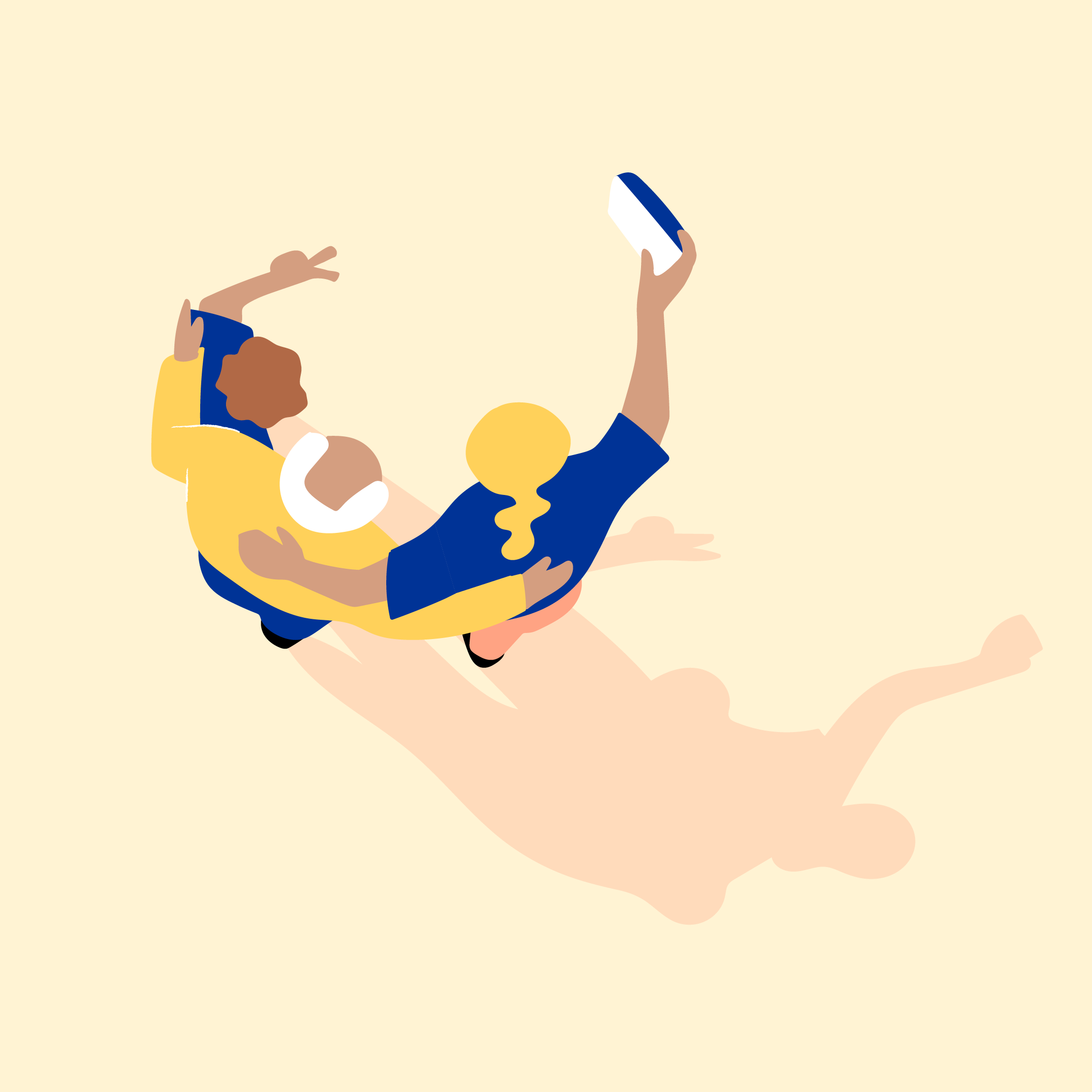 A brand illustration representing the theme of generation after generation, featuring a family taking a selfie together.