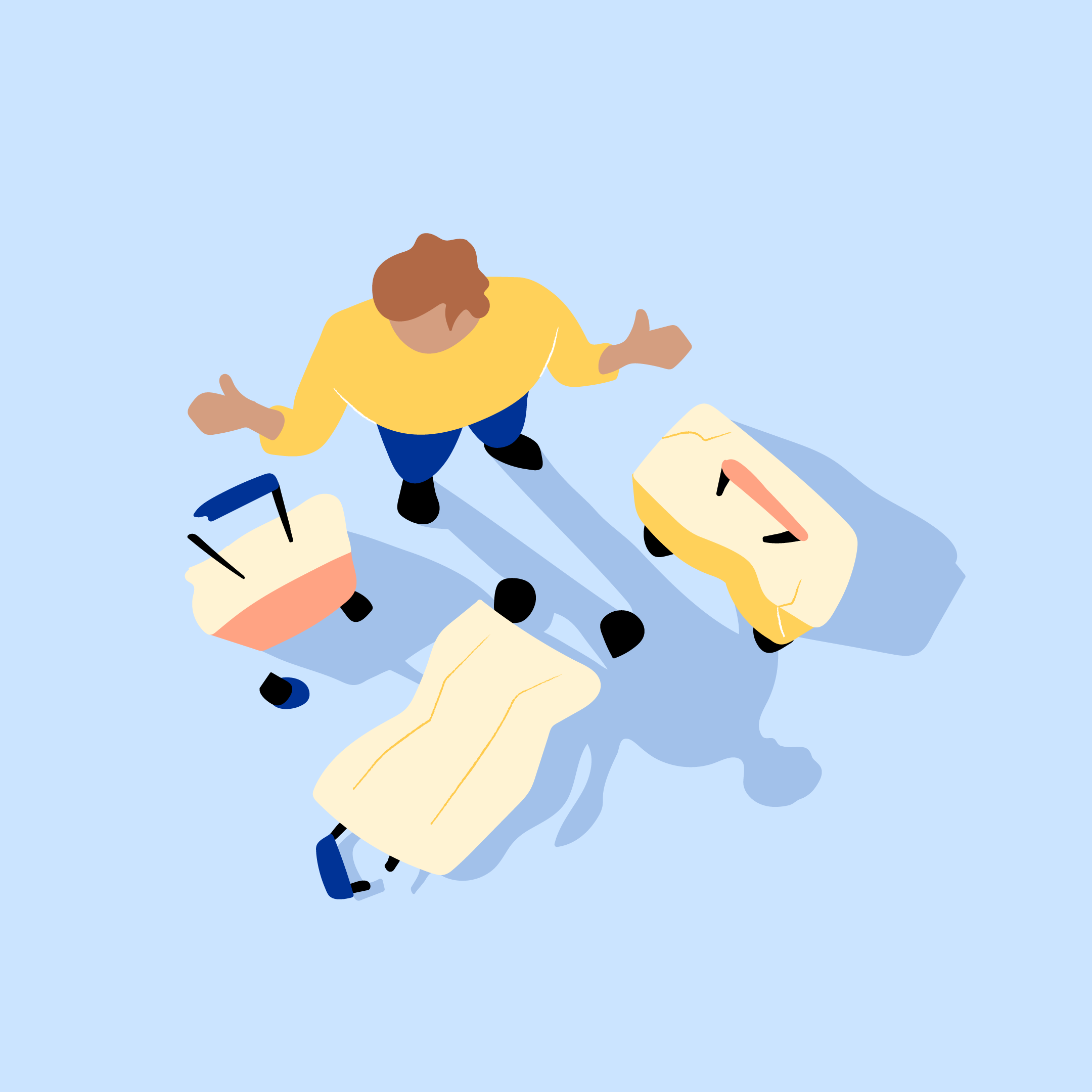 A brand illustration representing the theme of luggage coverage, featuring a man surrounded by damaged luggage.