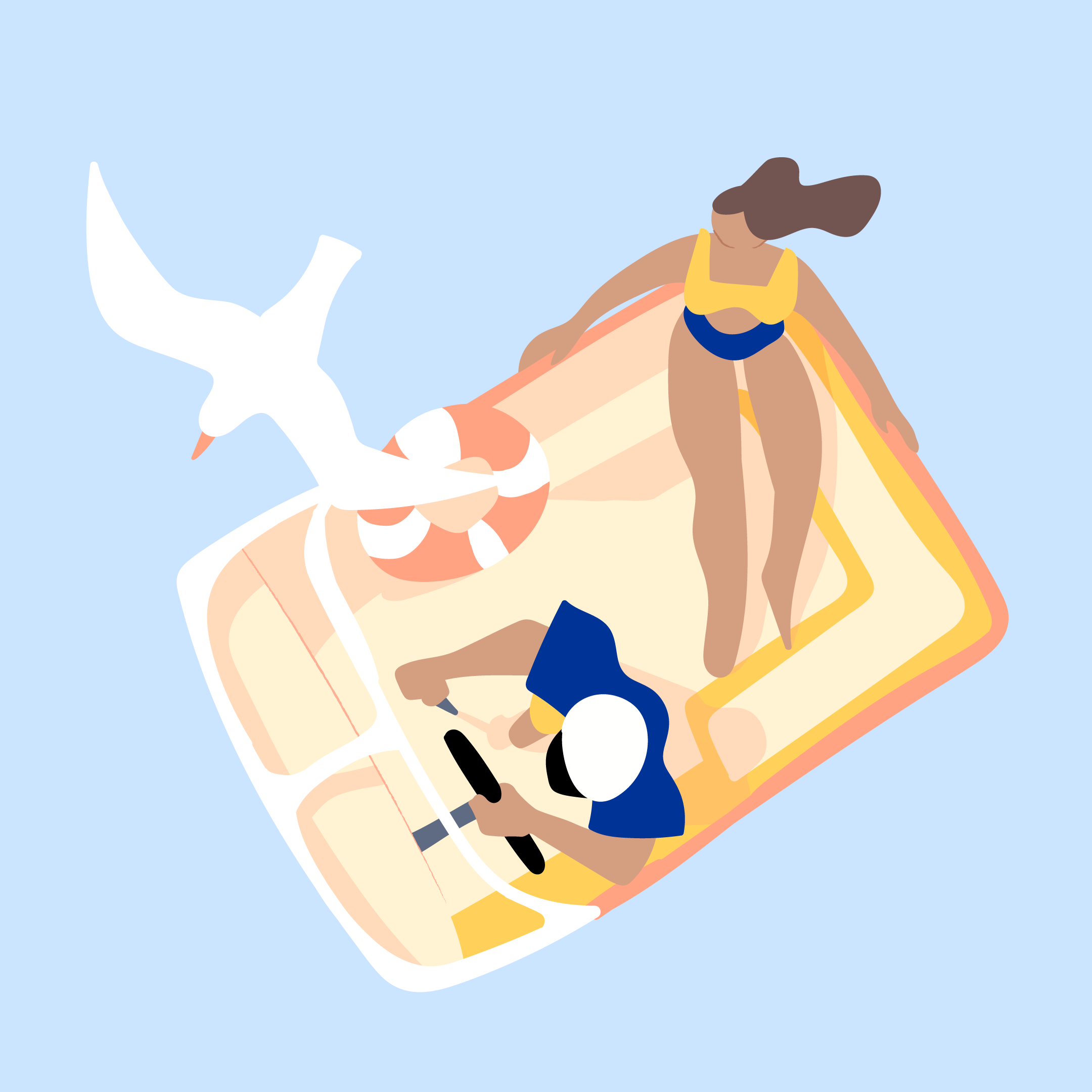 A brand illustration featuring two people on a boat with a bird flying overhead.