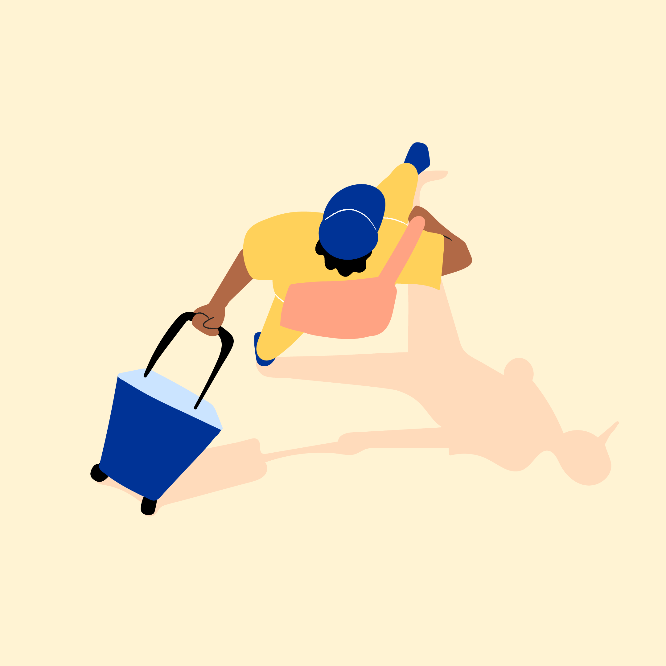 A brand illustration representing the theme of travel assistance, featuring a man walking with his luggage.