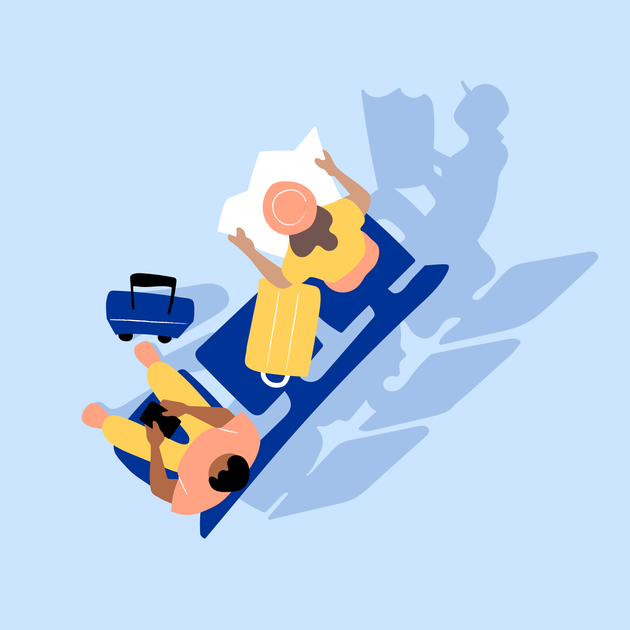 A brand illustration representing the theme of travel, featuring two people waiting on airport seats with their luggage.