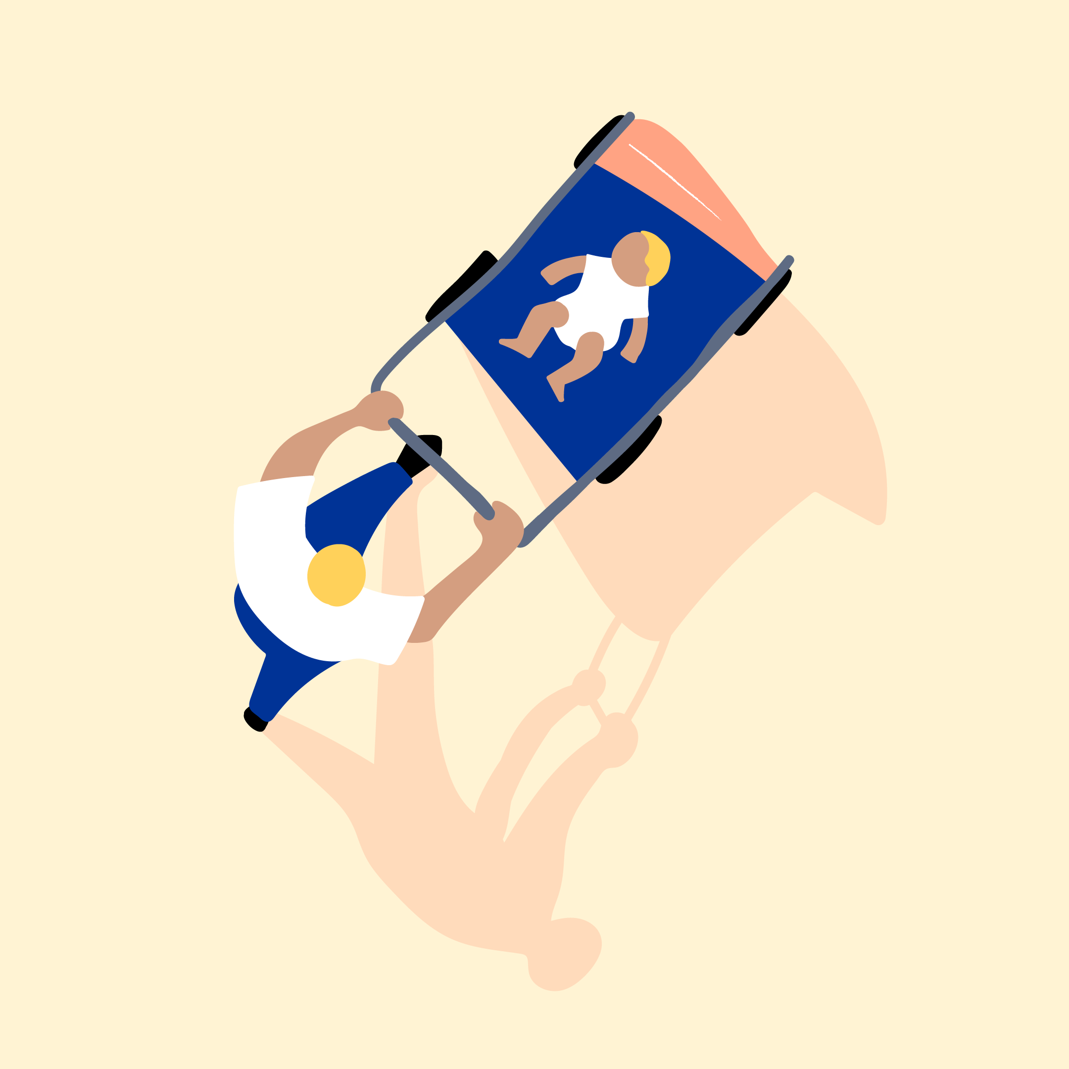 A brand illustration representing the theme of life, featuring a man pushing a baby in a pram or stroller.