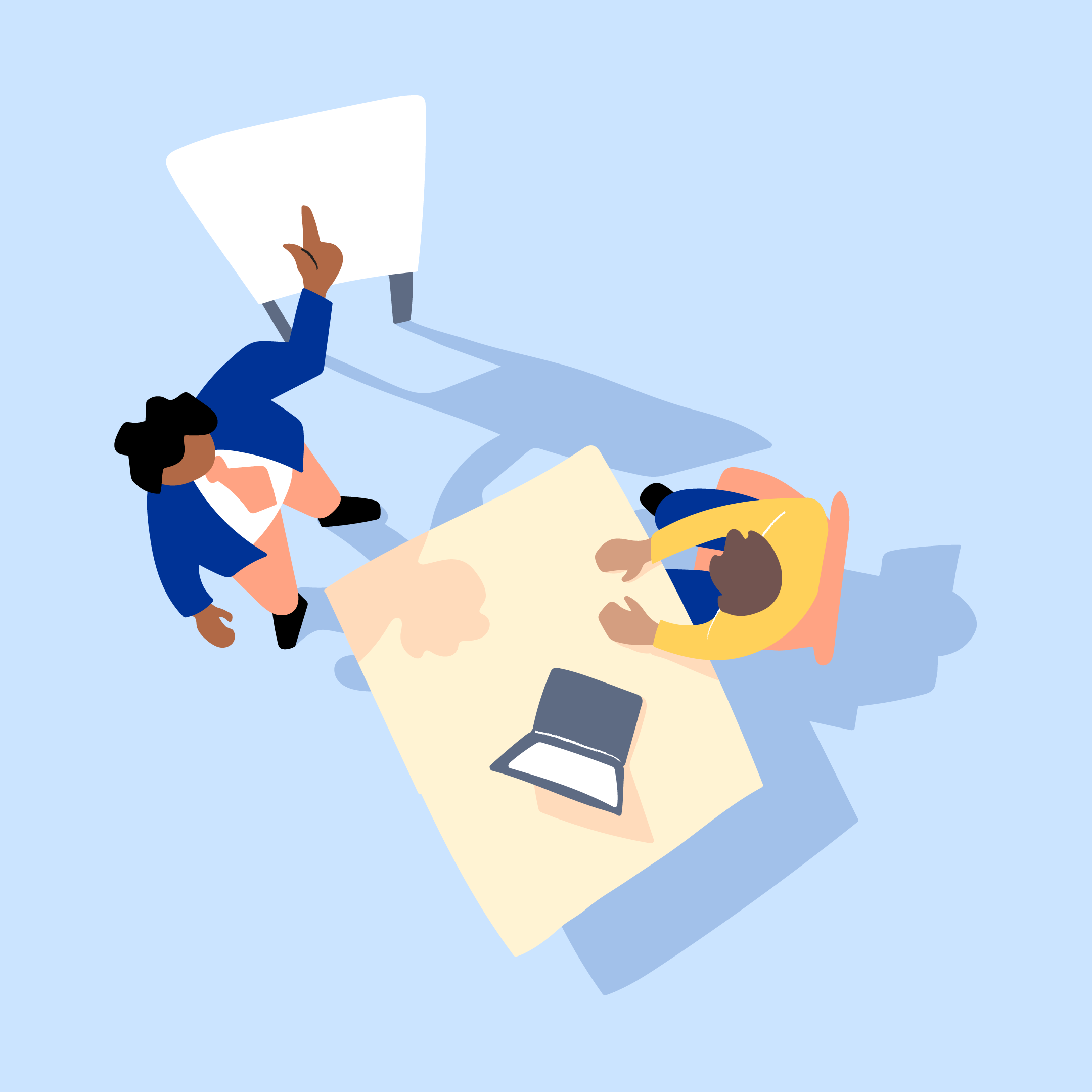 A brand illustration representing a company or business, featuring a worker presenting to another worker.