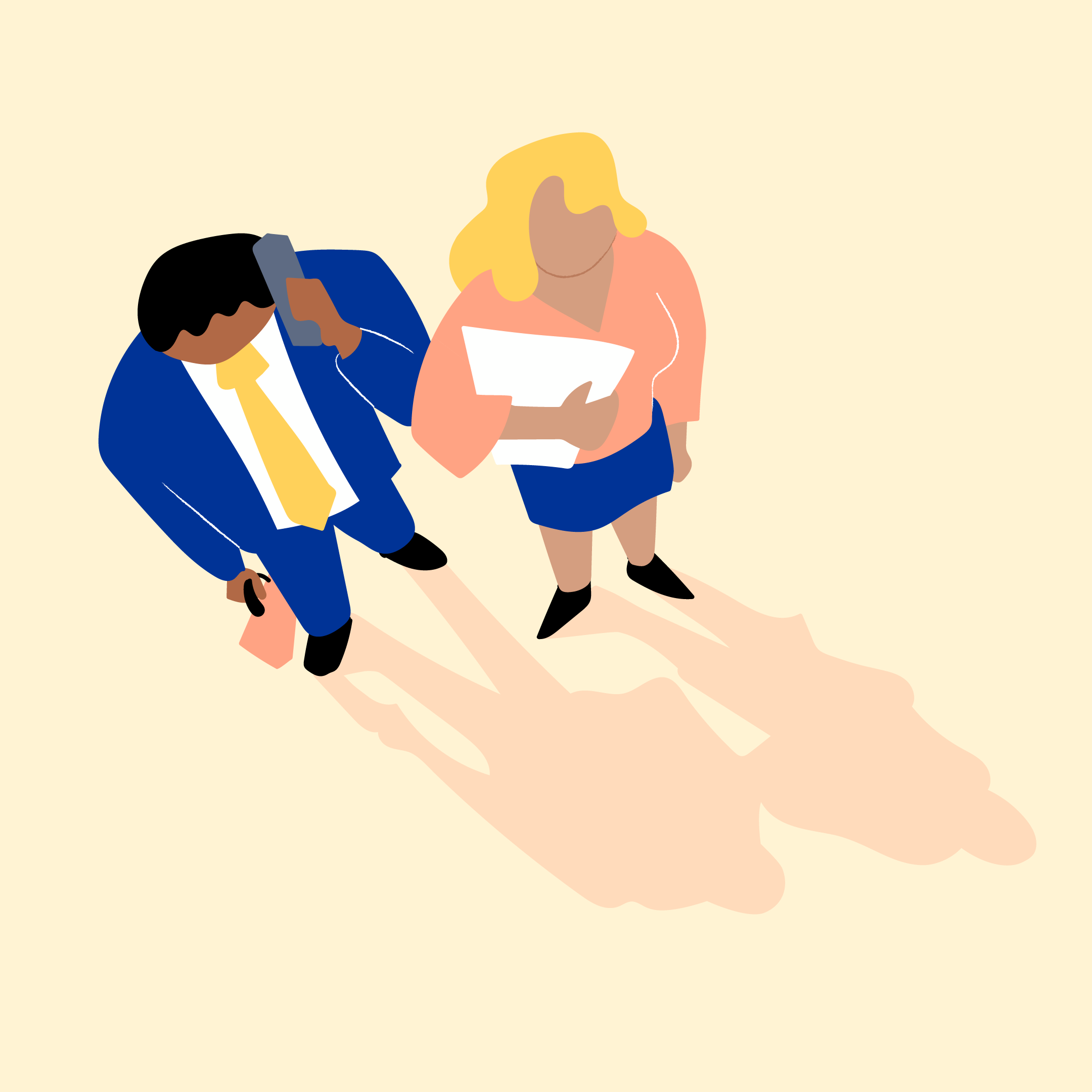 A brand illustration representing insurance agents, featuring a man and woman stood together in business dress.