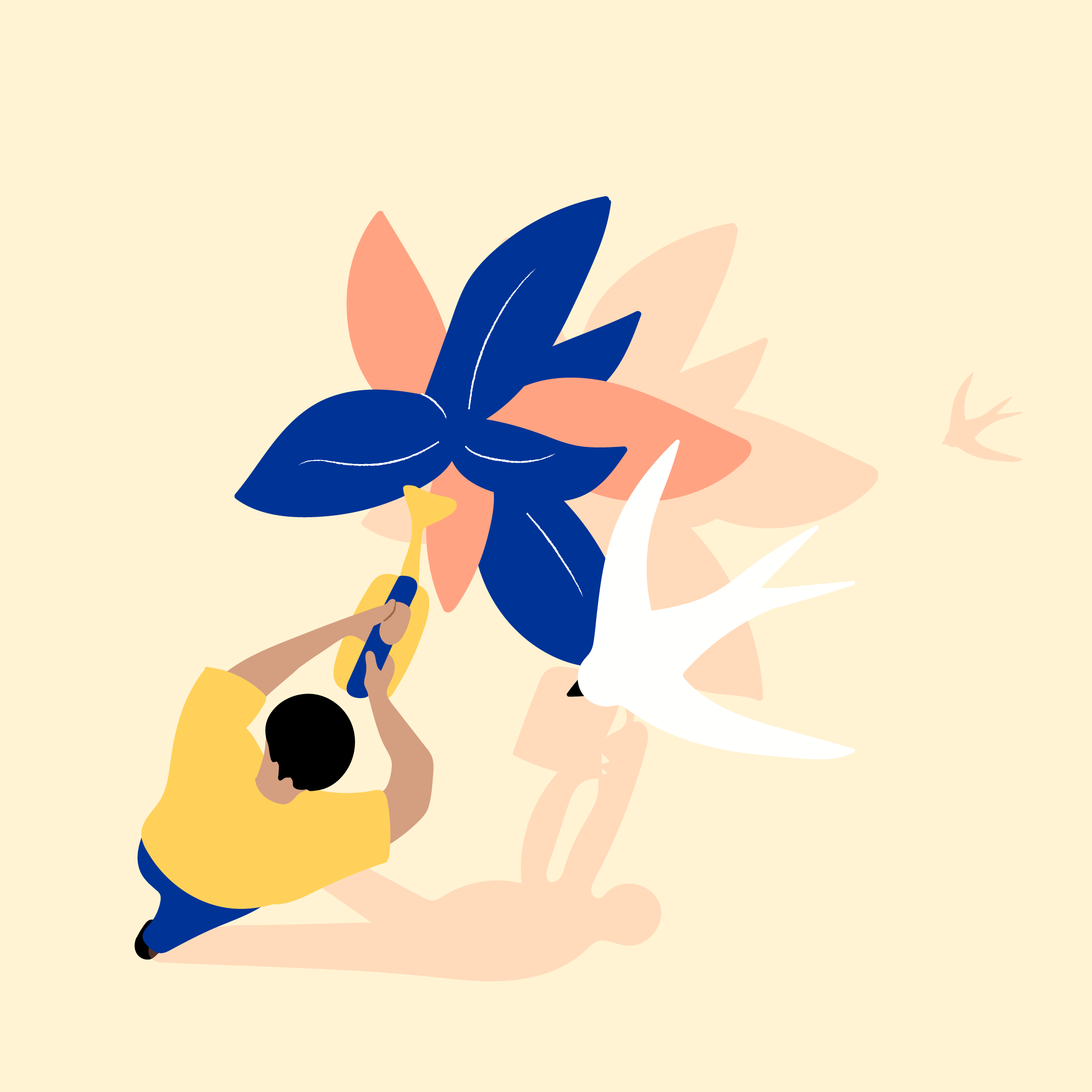 A brand illustration representing investment, featuring a man watering a growing plant as a bird flies overhead.