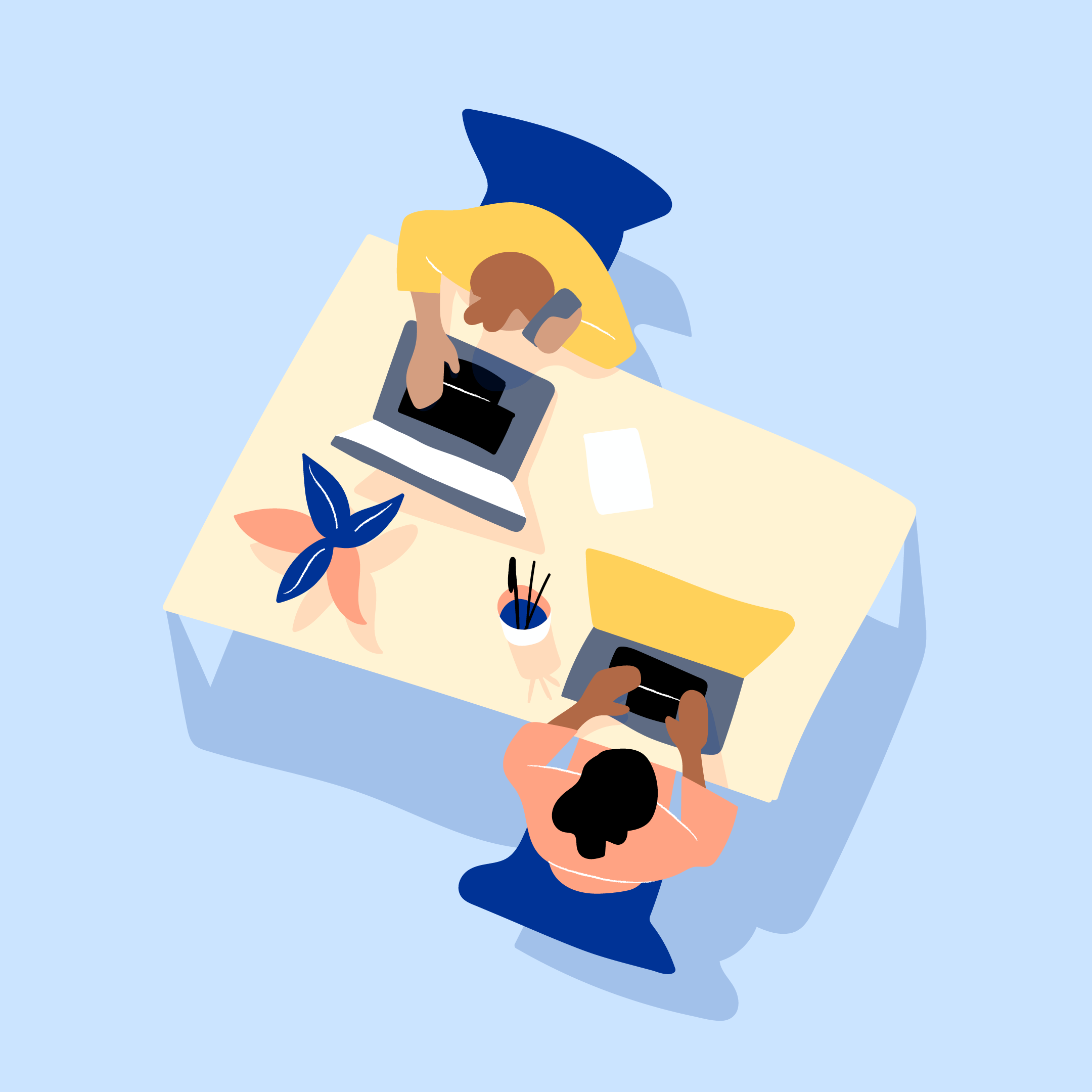 A brand illustration representing the theme of central employees, featuring two colleagues working at a desk.