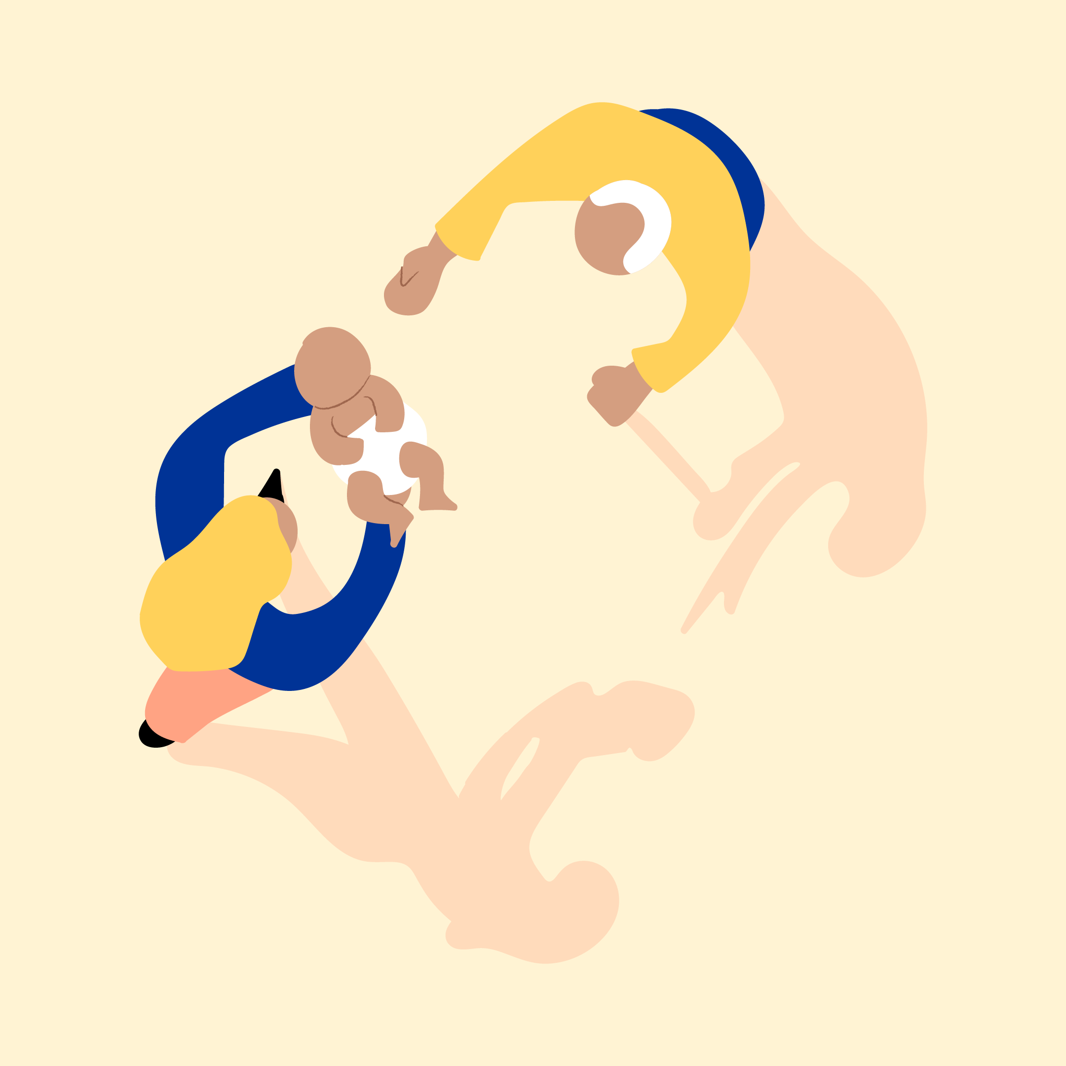 A brand illustration representing the theme of 'generation after generation', featuring a person passing a baby to another person with their arms outstretched. 