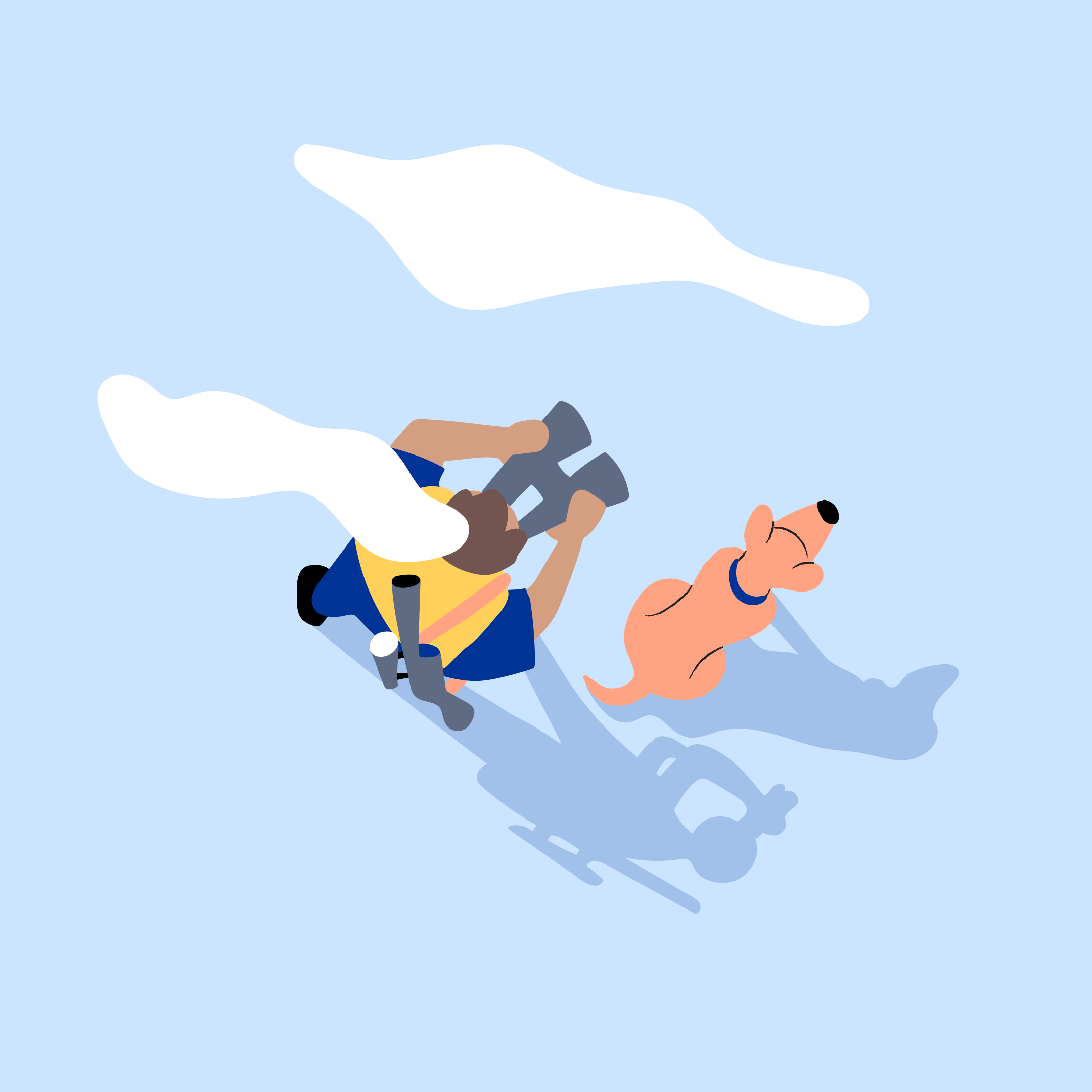 A brand illustration of a man looking through binoculars, with a dog sat next to him and clouds above.
