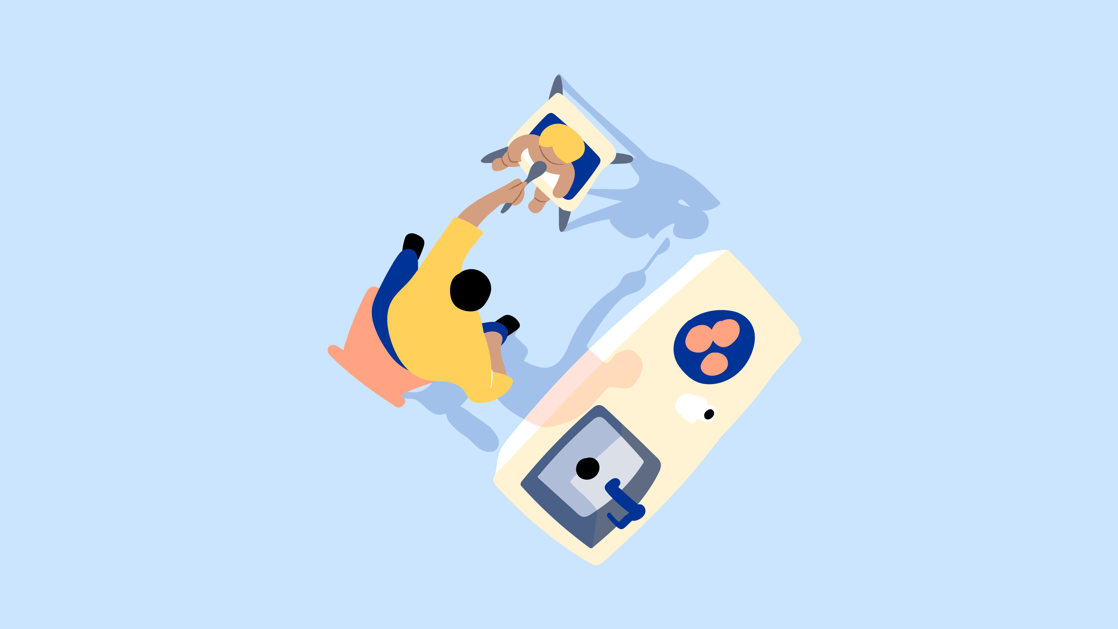 A brand illustration representing the home, featuring a man spoon-feeding his baby in a highchair.