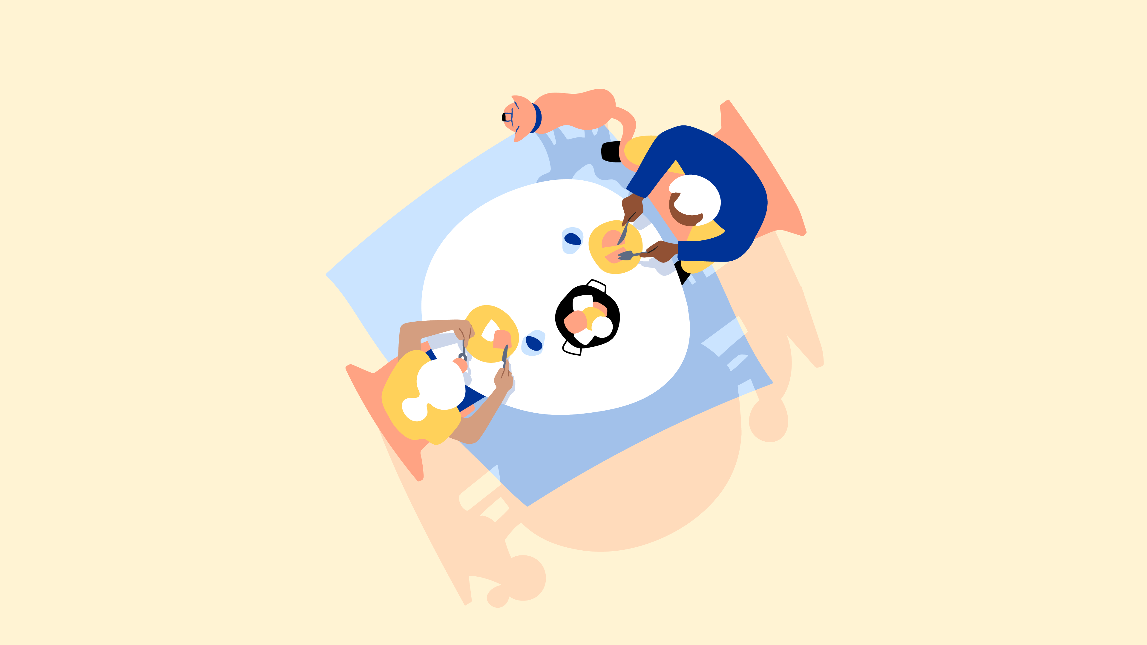 A brand illustration representing the home, featuring two people sat at a dining table sharing a meal. Their pet dog is sat next to them.