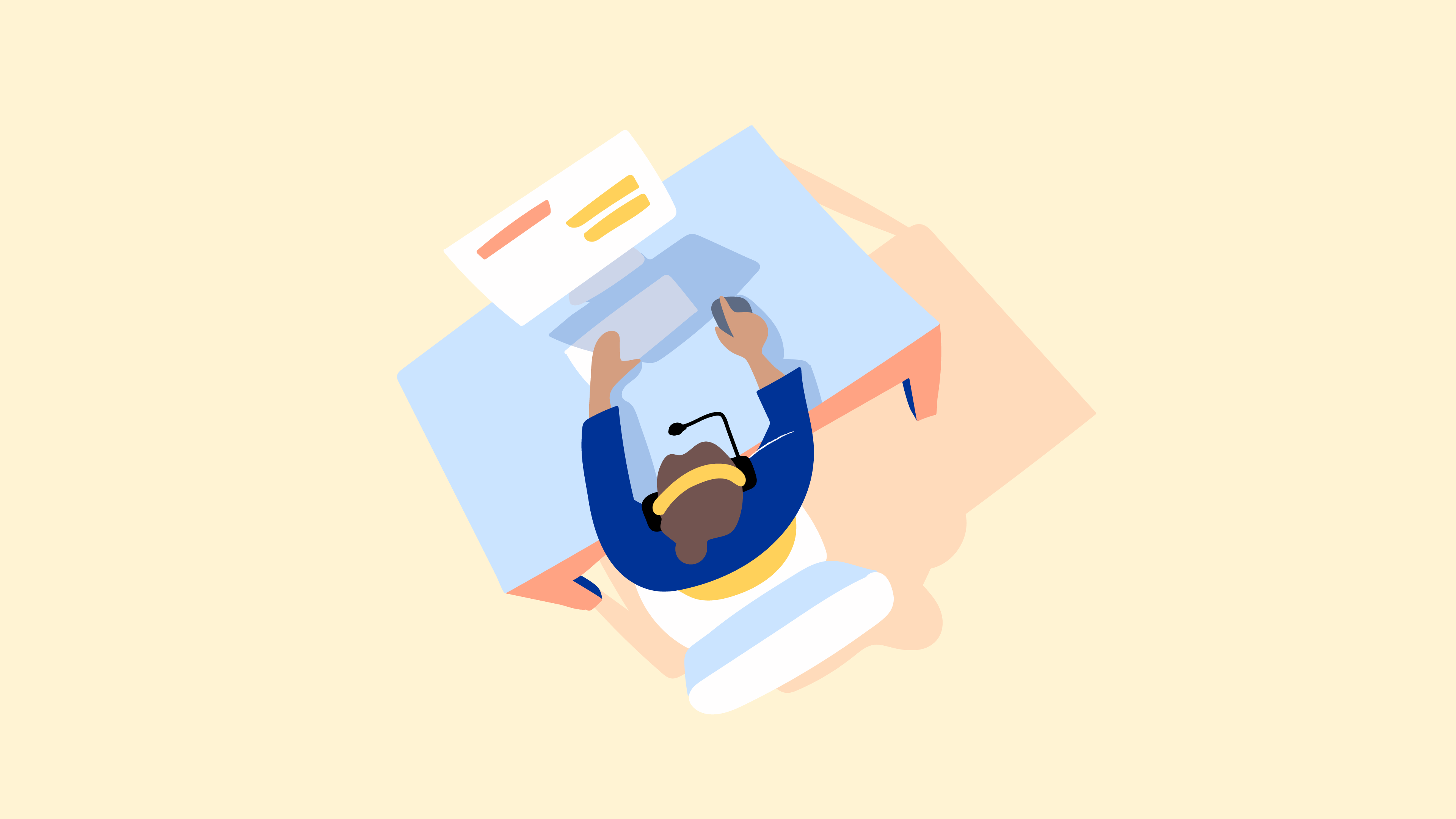 A brand illustration representing the home, featuring a person sat working at a home desk.