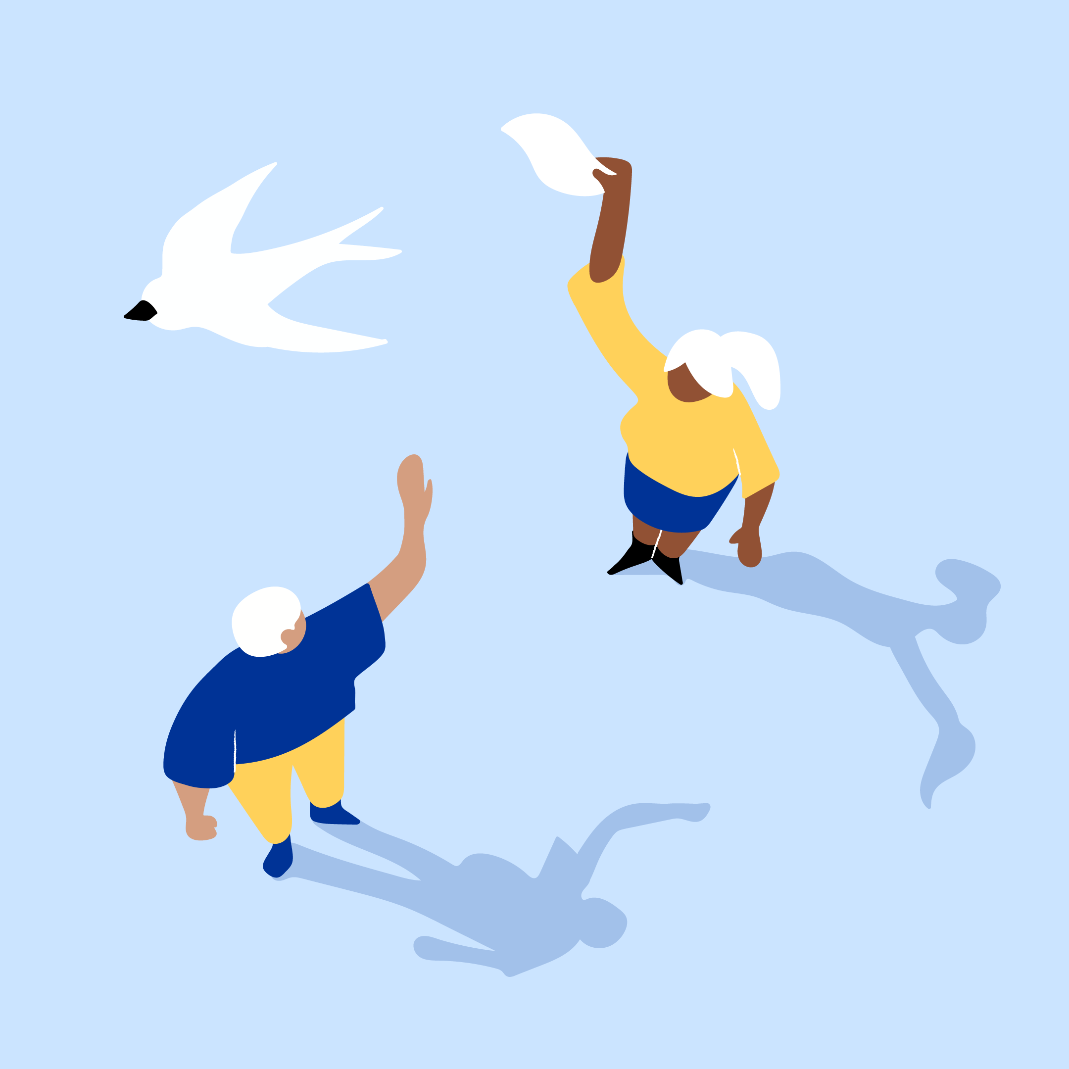 A brand illustration representing deaths, featuring two people waving goodbye to each other and a bird flying above.