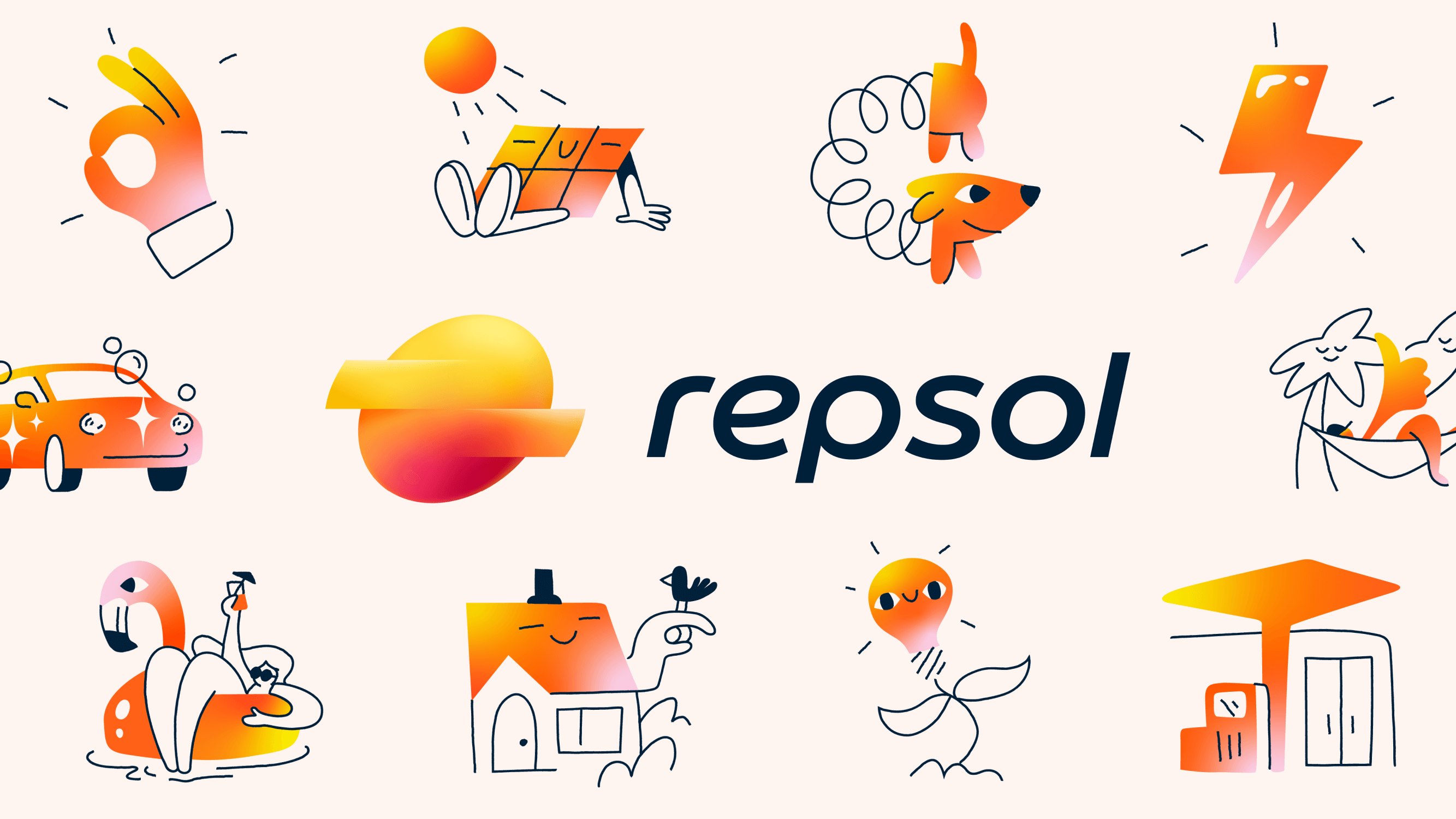 An image featuring the new Repsol logo on a light pink-orange background, surrounded by the new brand illustrations.