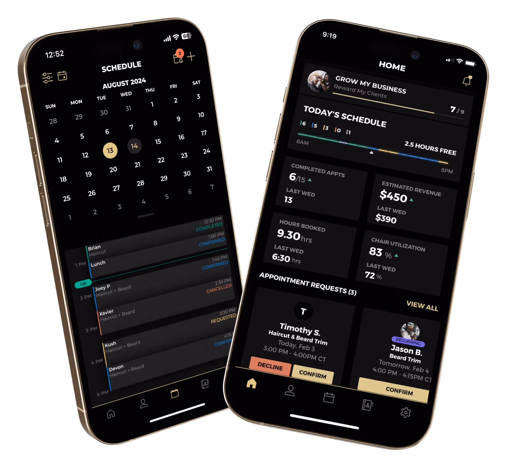 Barber calendar view and barber analytics.