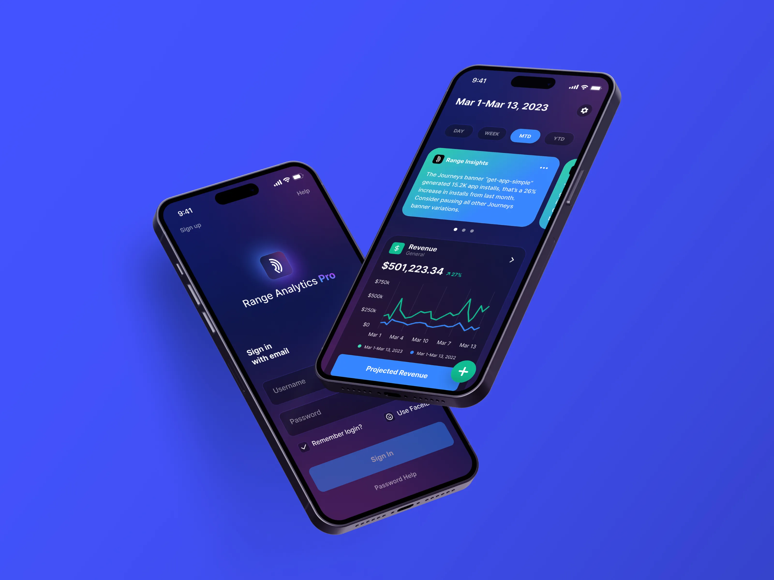 Range Analytics Hero shot, two phones floating on blue background with app UI