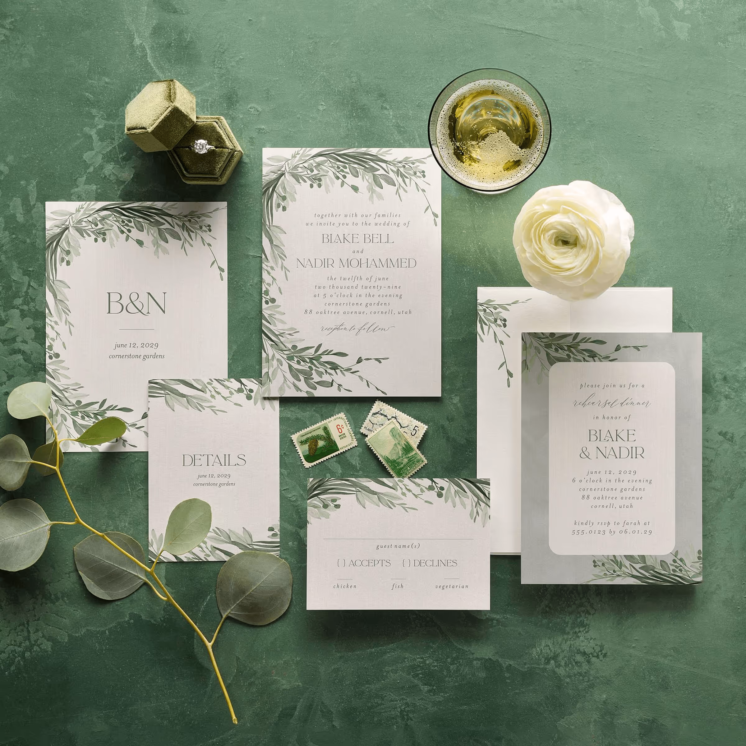 Weddings by Shutterfly Cards & Stationery Spread on marbled, emerald BG