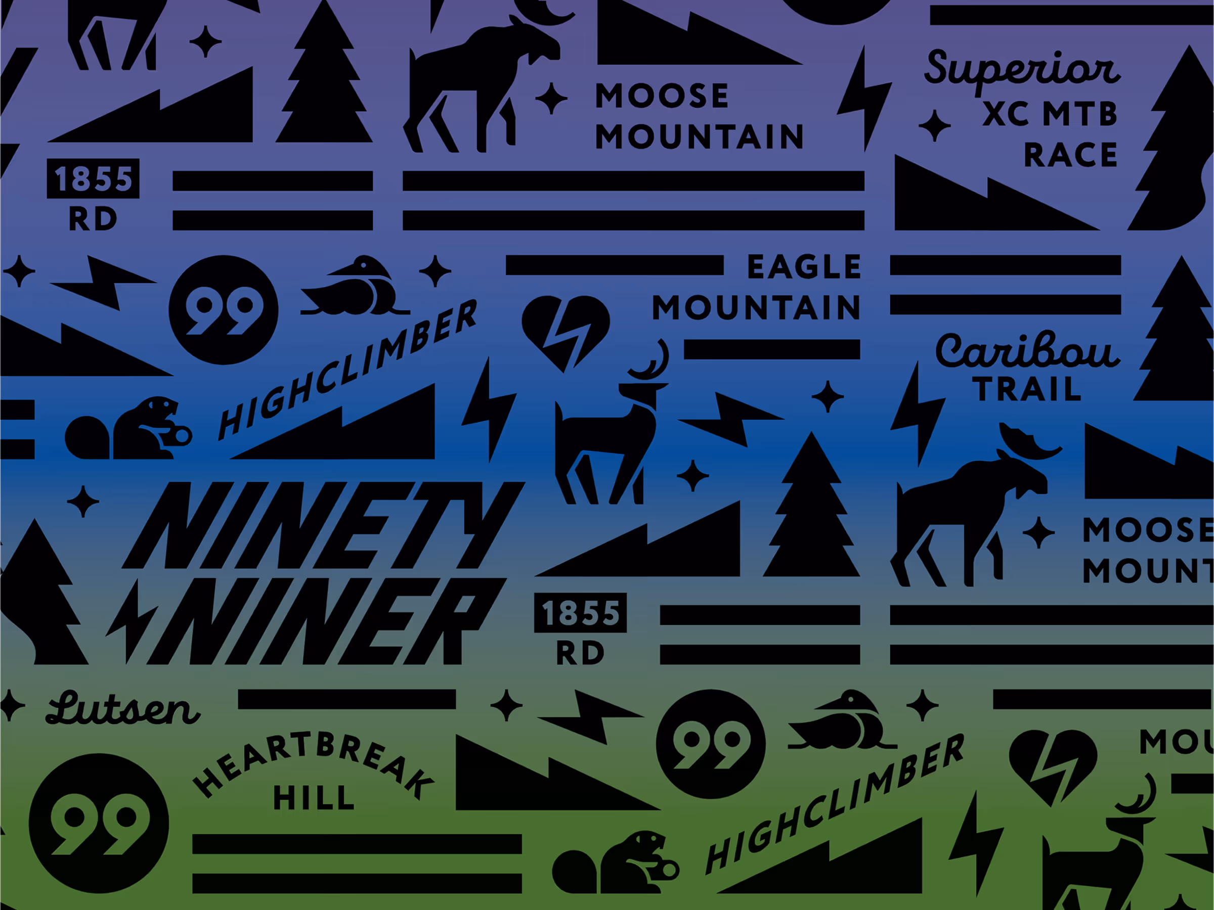 Pattern with mountain and nature-themed icons and text including moose, caribou, trees, beaver, lightning bolts, and words like Ninety Niner, Highclimber, Eagle Mountain, Caribou Trail, Heartbreak Hill, and 1855 RD on a gradient blue to green background.