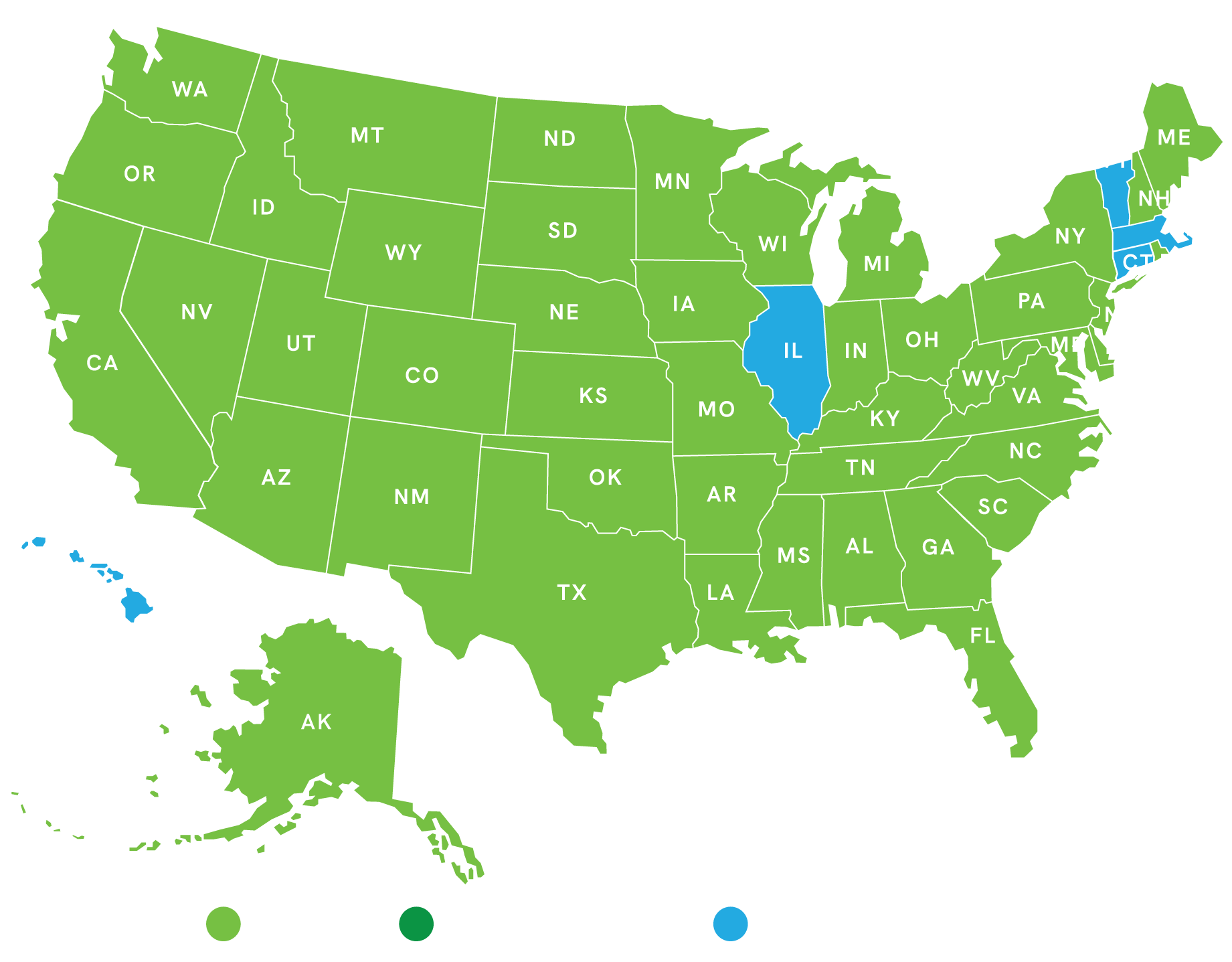 U.S. map color-coded to show states categorized as Live (light green), In Development (dark green), and Application Pending (blue) for a service or program.