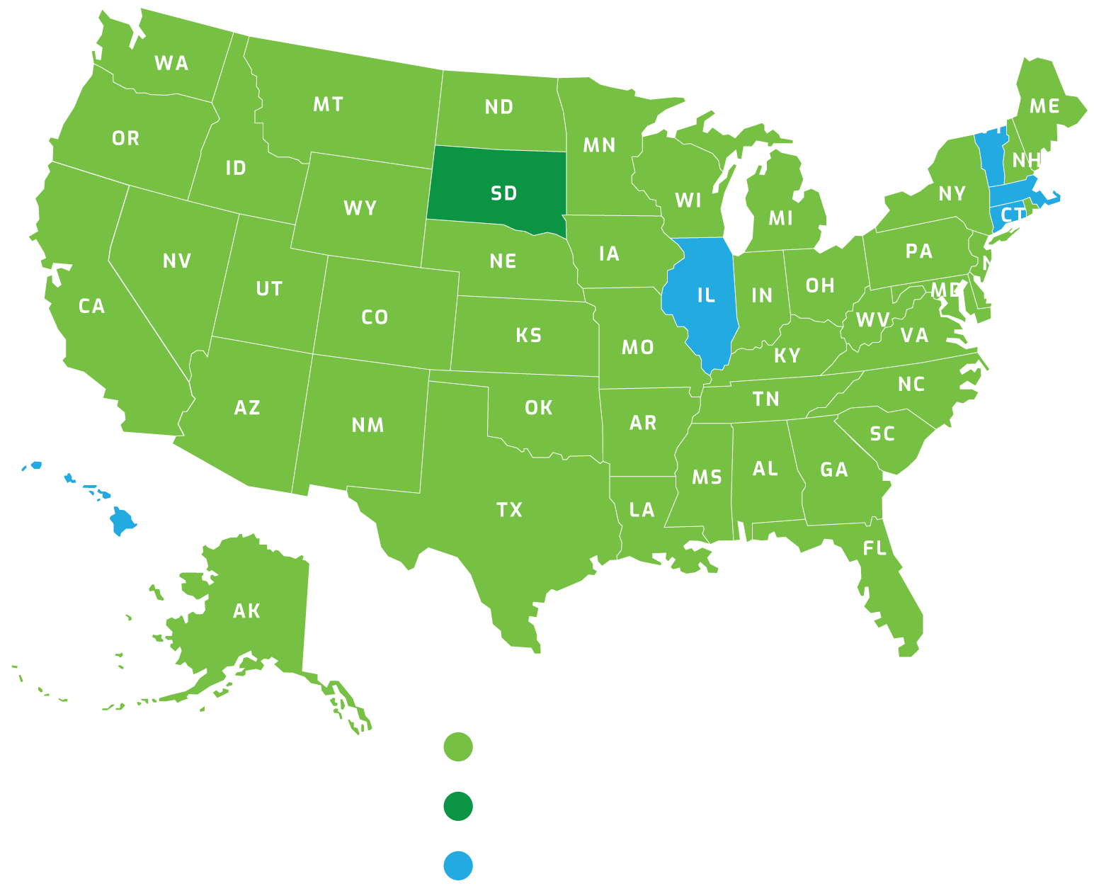 U.S. map color-coded to show states categorized as Live (light green), In Development (dark green), and Application Pending (blue) for a service or program.