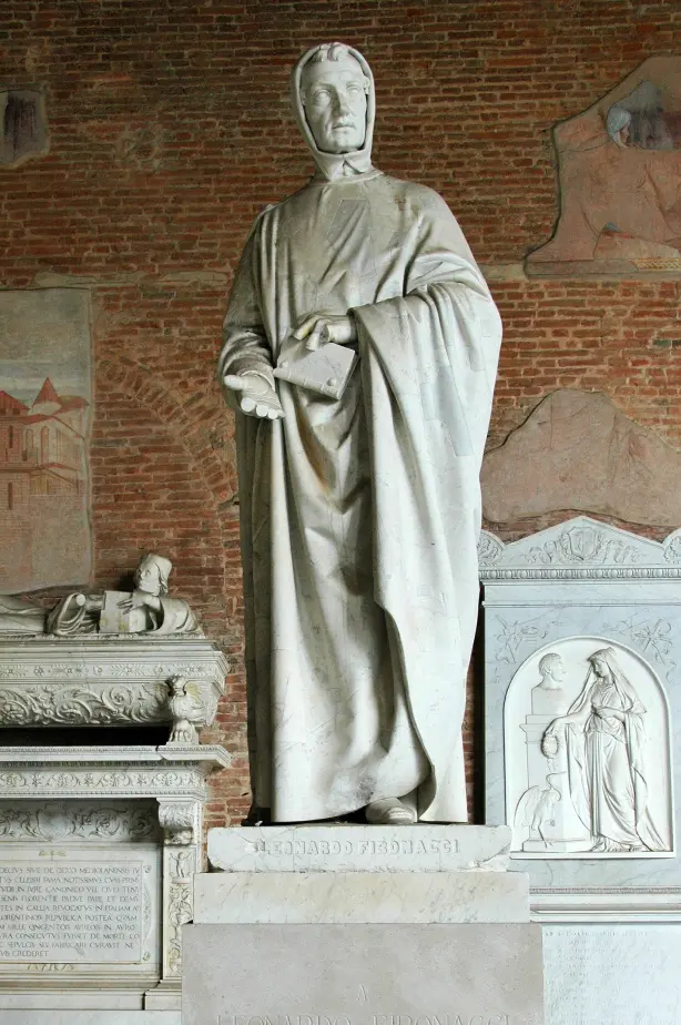 A white stone statue of Leonardo da Pisa, in a full robe and hood holding a book in one hand.