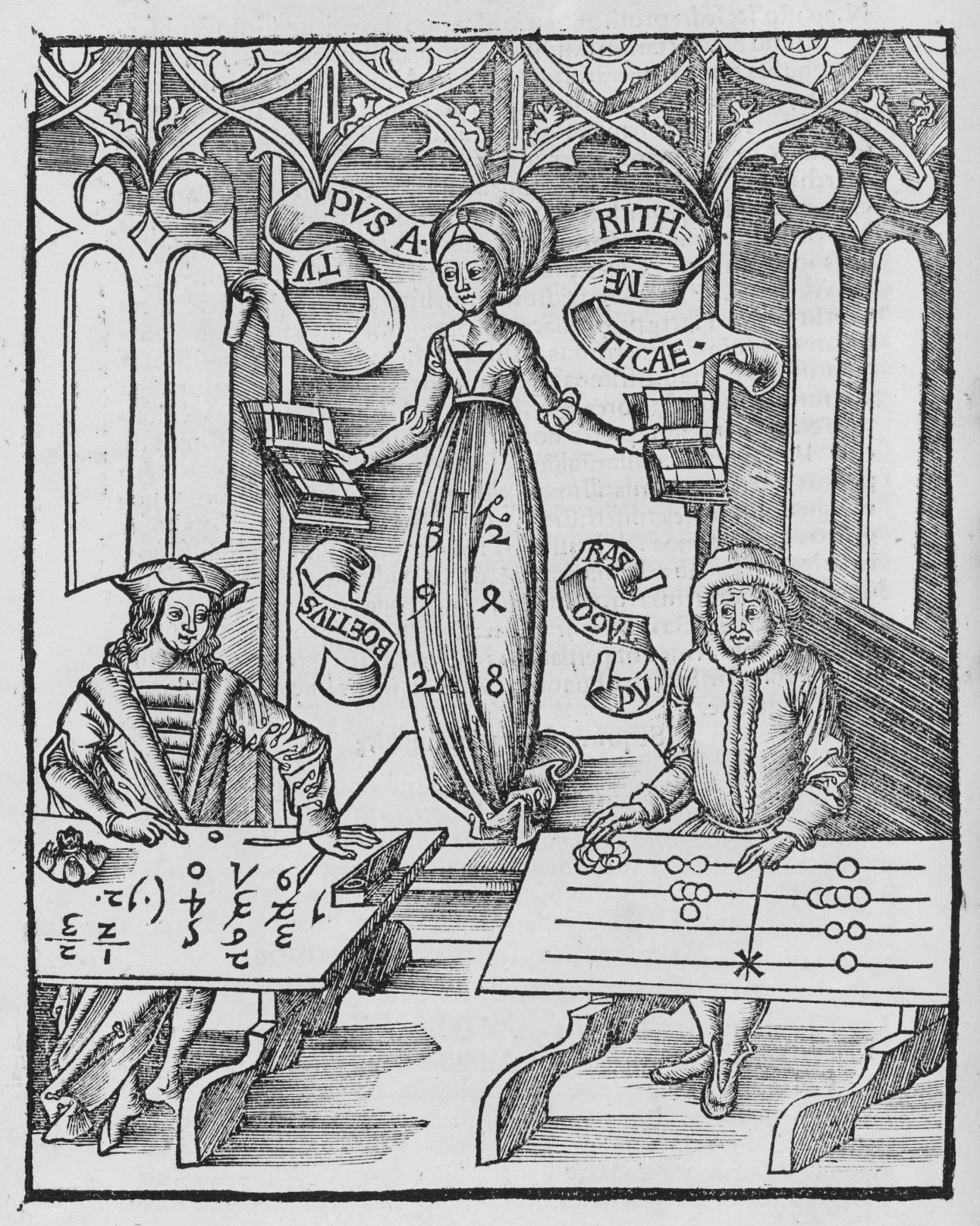 An etching of Boethius and Pythagoras with a robed woman holding books between them.