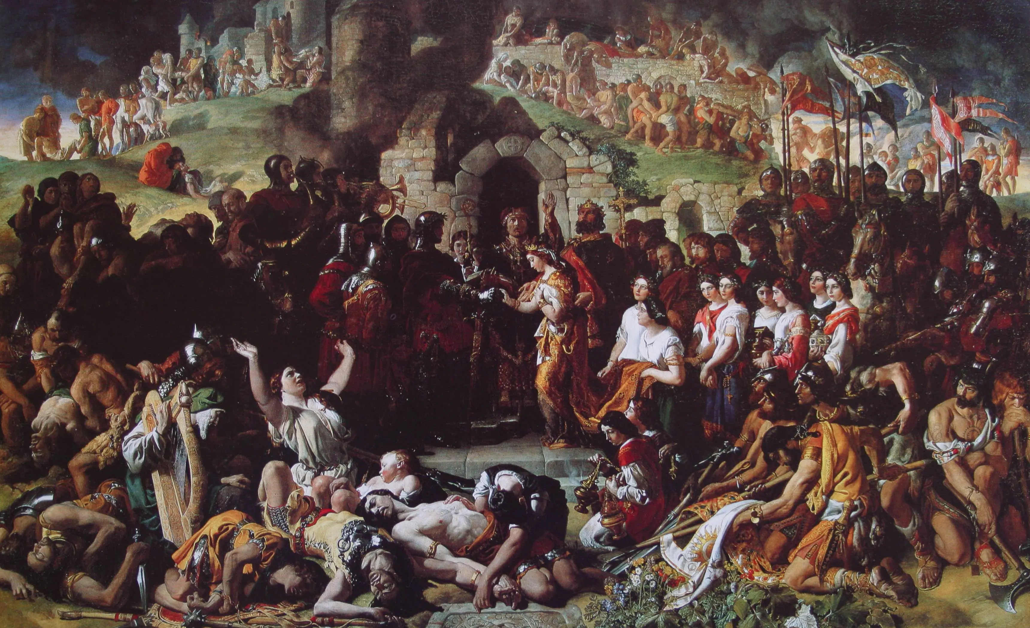 A romantic era painting of Norman Lord Strongbow marrying Irish princess Aoife while a sacked city burns around them.