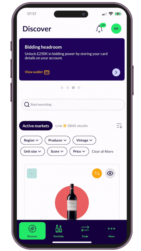 Animated visual demonstrating the CultX trading platform in action, showing wine listings, pricing data, and the ease of placing bids.