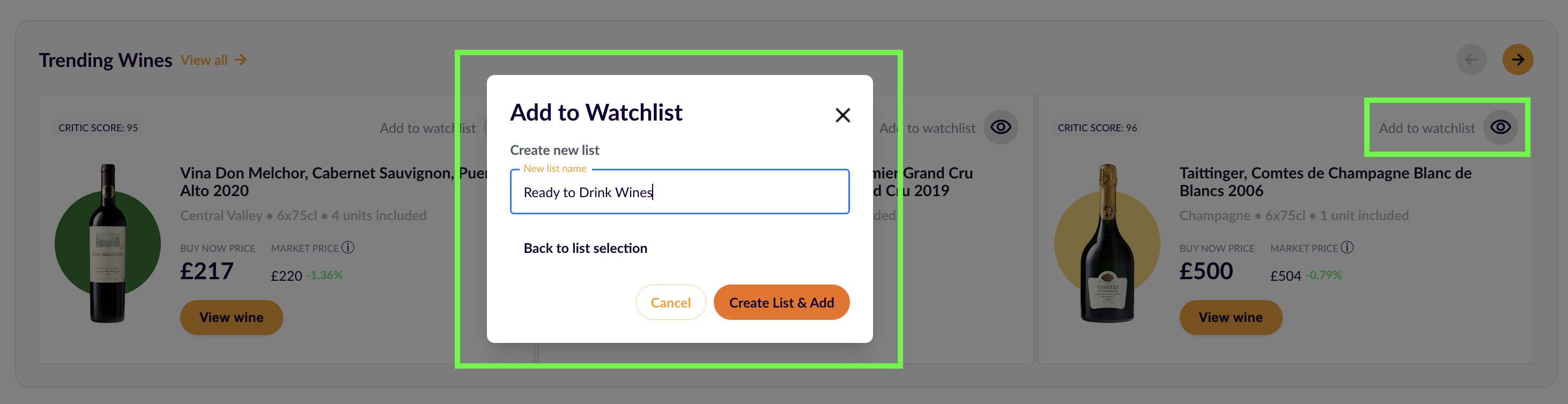 Add fine wine to your watchlists to get notified about deals on CultX