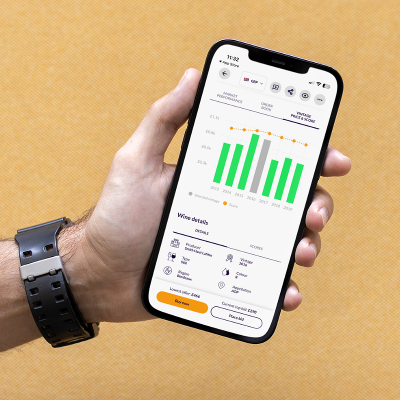 CultX mobile app showing fine wine market performance data, bid pricing and vintage analysis for informed wine trading and investment