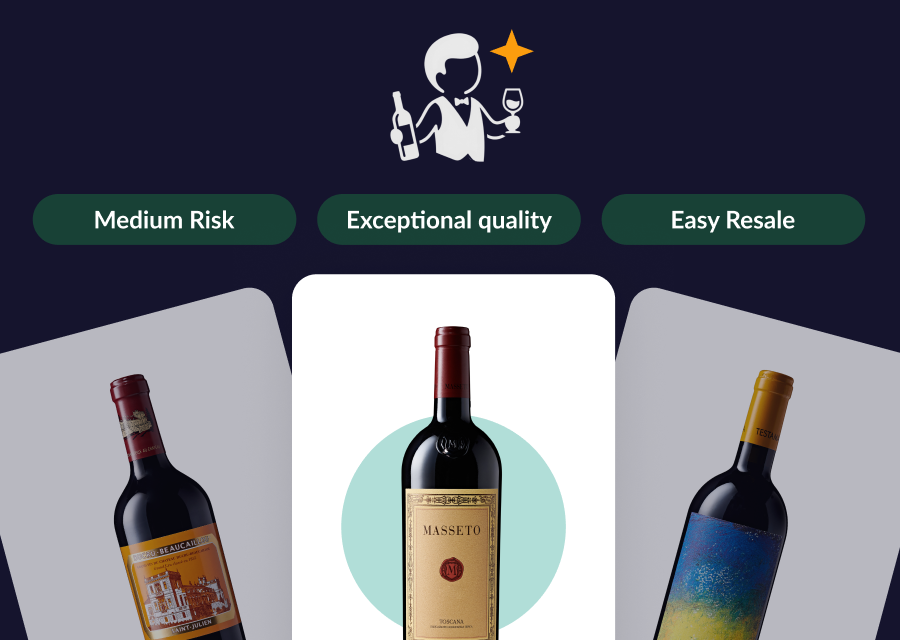 Three wine bottles below icons for medium risk, exceptional quality, and easy resale benefits.