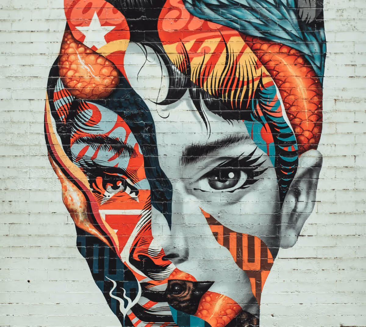 Modern mural of Audrey Hepburn with bright colors and shapes