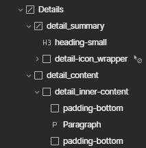 navigator structure showing the custom element details, custom element summary and detail_content with a detai_inner-content nested inside with padding blocks