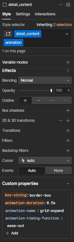 style panel for detail_content with add on class collapsing. Custom properties in blue animation-name : grid-expand and anaimation-timing-function : ease out