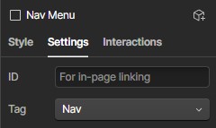 Nav menu settings tab with Nav tag selected