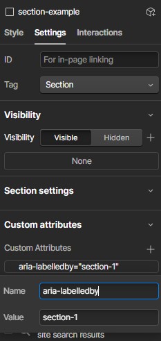 Webflow settings for section-example. aria-labelledby has a value matching ID of section-1