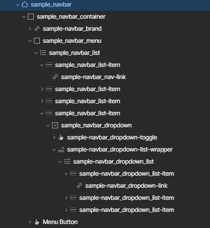 webflow navigator panel with display of navbar with dropdown structure