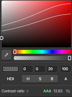 webflow color panel with contrast ratio and range for pass and fail