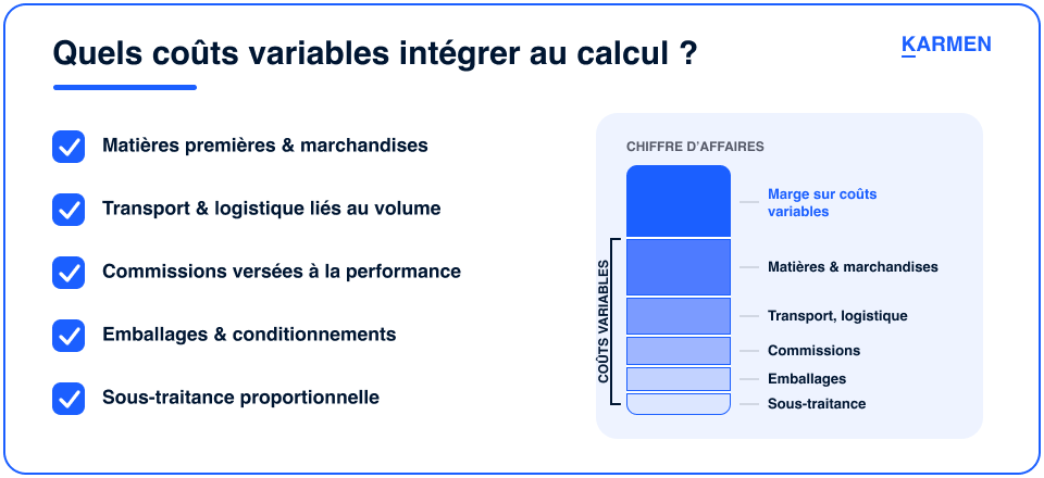 Les principaux postes à intégrer dans le calcul du taux de marge sur coûts variables