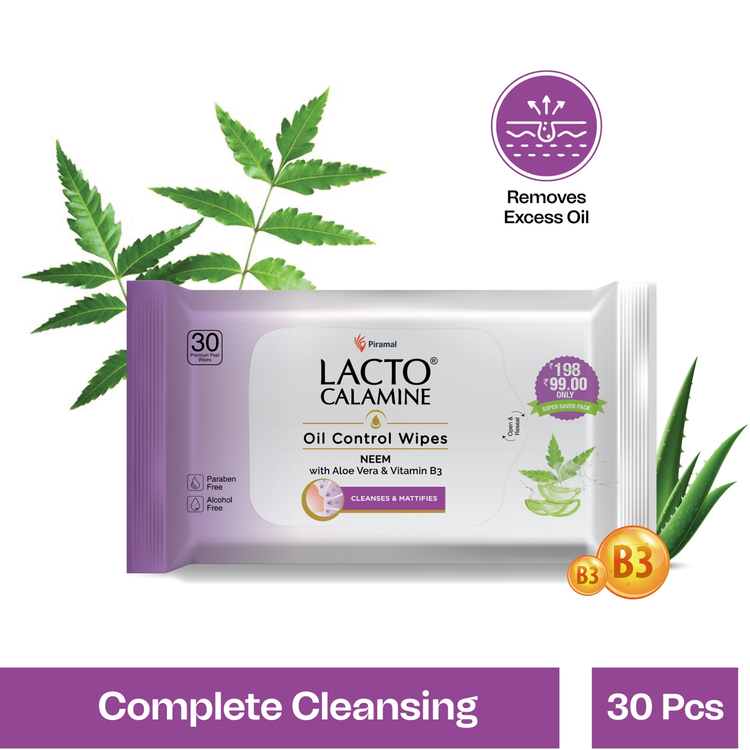 Lacto Calamine Oil Control Face wet Wipes, Removes Makeup With Neem,Aloe Vera & Niacinamide (30Pcs)