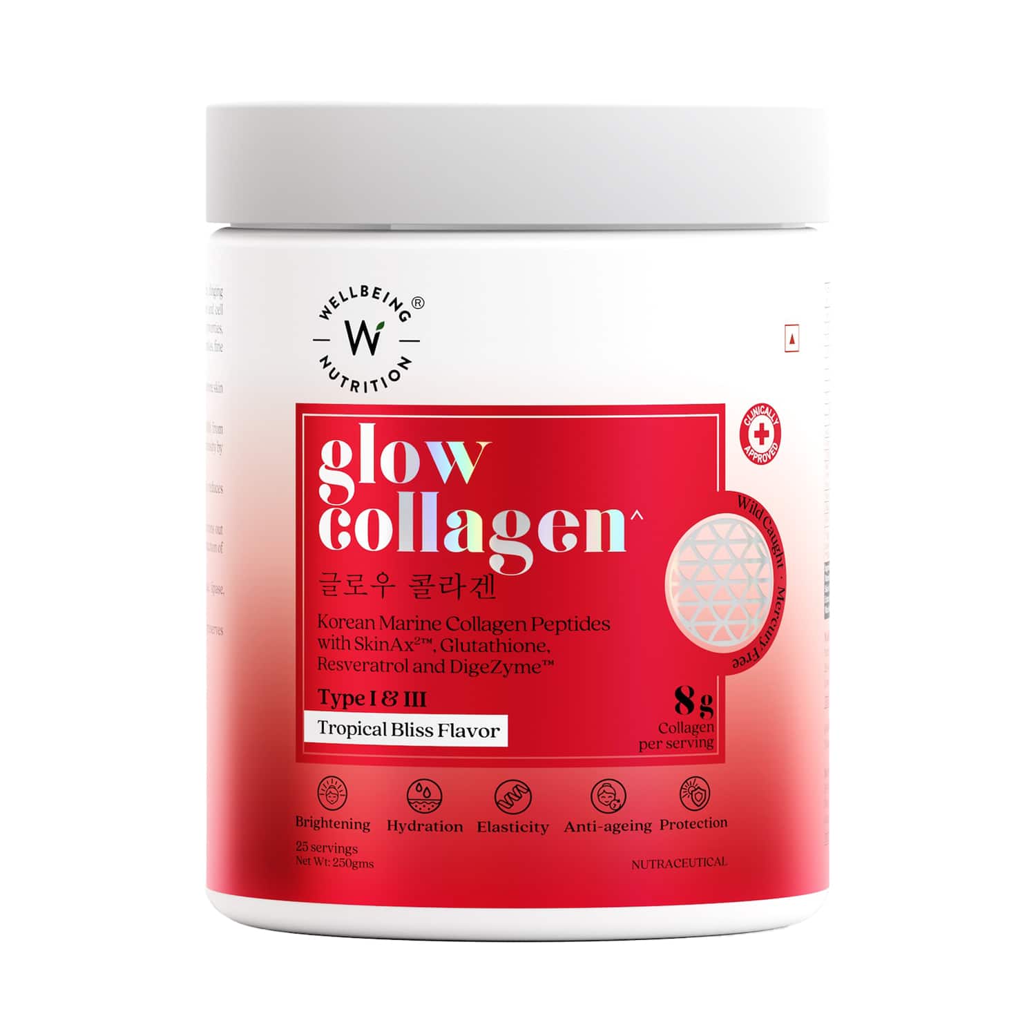 Wellbeing Nutrition Glow Collagen Peptides Reduces Pigmentation Tropical Bliss Flavor (250 g)